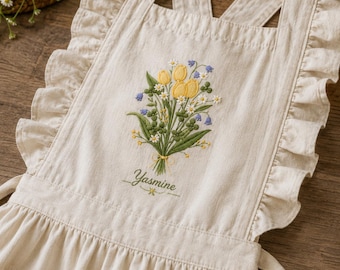 Personalized Hand Embroidered Ruffle Apron, Custom Flower Linen Apron, Kitchen Aprons with Pockets, Gardener Gifts