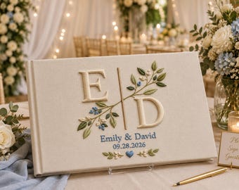 3D Embroidered Wedding Guest Book, Custom Monogram Guestbook, Personalized Botanical Memory Book, Wedding Date Keepsake, Bridal Album