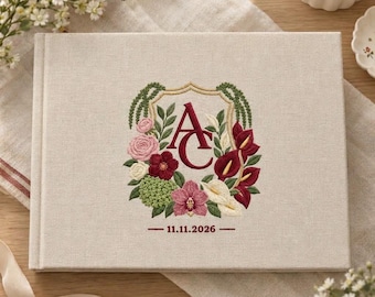 Personalized Embroidered Monogram Wedding Guest Book, Custom Floral Linen GuestBook, Initials Wedding Keepsake Gift