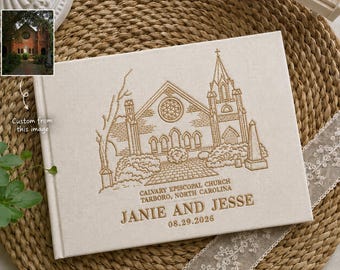 Personalized Wedding Venue Embroidered Linen Guest Book, Custom Photo Album, Engagement Sign In Book, Wedding Keepsake