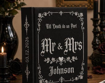 Personalized Gothic Black Embroidered Wedding Photo Album, Custom Till Death Do Us Part PhotoAlbum, Moody Mr & Mrs Keepsake, Bridal Gift