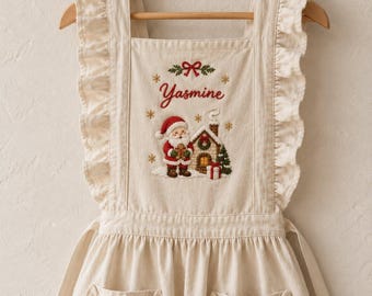 Personalized Christmas Santa Embroidered Ruffle Apron, Custom Name Holiday Baking Cooking Apron, Ruffled Chef Apron with Pockets