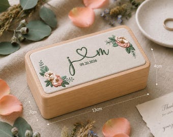 Personalized Embroidered Floral Linen And Wooden Jewelry Box, Custom Names With Date Ring Box, Wedding Ring Holder, Bridal Gift