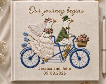Personalized Bicycle Goose Couple Embroidered Linen Wedding Guest Book, Wedding Sign In Book, Rustic Wedding Keepsake, Bridal Shower Gift