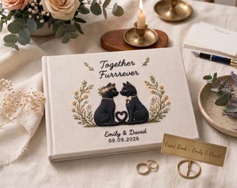 Personalized Together Furrrever Black Cat Wedding Linen Guest Book, Custom Embroidered Cat MemoryBook, Wedding Photo Album for Cat Lovers