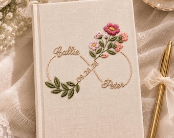 Personalized Infinity Floral Embroidered Couple Guestbook, Custom Wedding Journal, Monogram Initials MemoryBook, Bridal Shower Gift