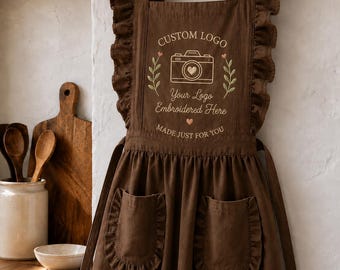 Personalized Embroidered Ruffle Apron, Custom Logo Kitchen Apron, Linen Blend Chef Apron with Pockets, Baker Gift, Small Business Uniform