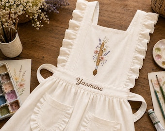Personalized Embroidered Ruffle Apron, Custom Name Artist Apron, Floral Paintbrush Apron with Pockets, Cottagecore Baking & Craft Apron