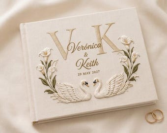 Custom Embroidered Linen Wedding Guestbook, Personalized Swan Guest Book, Custom Names & Date, Bridal Shower Gift