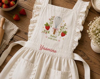 Personalized Strawberry Baker Embroidered Linen Ruffle Apron, Custom Name Aprons, Kitchen Apron with Pockets, Baking Gift for Mom