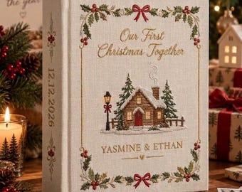 Personalized Our First Christmas Together Linen Photo Album, Custom Couple Memory Book, Winter Cabin HolidayGift, Engagement Keepsake