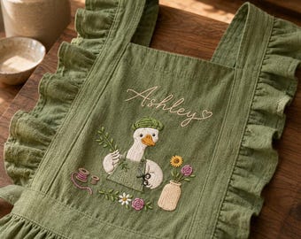 Personalized Silly Goose Floral Embroidered Ruffle Apron, Custom Gardening Aprons, Cute Ruffled Crafter Gift,  Apron for Florist