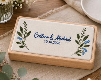 Personalized Embroidered Wedding RingBox, Custom Linen Jewelry Box, Botanical Floral Ring Dish, Wedding Date Keepsake, Bridal Accessory