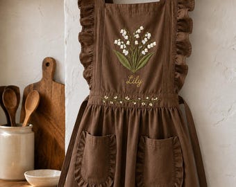Personalized Lily of the Valley Embroidered Apron, Custom Name Kitchen Apron, Ruffle Baker Aprons, Gardening Gift Women