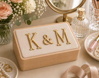 Personalized 3D Embroidered Monogram Ring Box, Custom Initials Ring Wooden Jewelry Box, Wedding Ceremony Keepsake, Bridal Gift