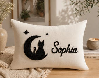 Personalized Black Cat Punch Needle Pillow Case, Custom Name Pillow, Celestial Moon Decor, Nursery Accent Throw Pillow