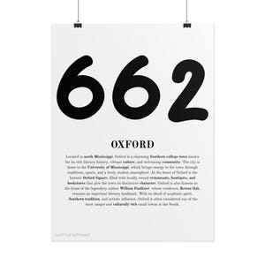 May include: A white poster with the number "662" in large, bold, black font. Below the number is the word "OXFORD" in a smaller, black font. The poster includes descriptive text about Oxford, Mississippi.