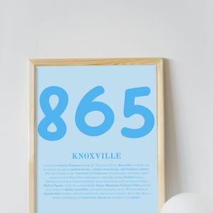 May include: A framed print with a light blue background features the number "865" in large, bold, light blue numerals. Below, the word "KNOXVILLE" is printed in a smaller, dark blue font. The print is in a light wood frame.