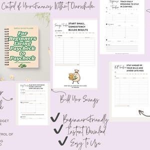 May include: A biweekly budget planner for beginners, titled "For Beginners Living Paycheck to Paycheck." The planner includes pages for planning paychecks, tracking spending, building savings, and staying ahead of bills. The design is light beige with green accents.