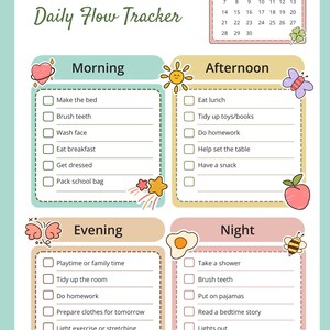 May include: A children's daily flow tracker with sections for morning, afternoon, evening, and night activities. Includes a calendar and decorative illustrations of a heart, sun, butterfly, star, apple, egg, and bee.