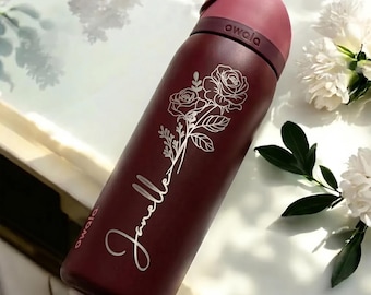 Personalized Owala Black Cherry Bottle with Name & Birth Flower – Custom Engraved Tumbler, Gift for Her, Birthday Party Favor