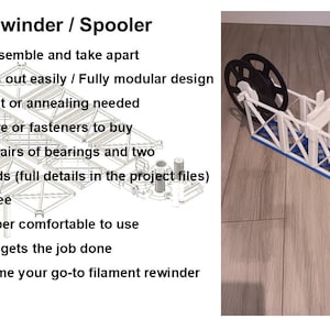 May include: A white and blue 3D-printed filament rewinder/spooler with two black spools. The device is designed for easy assembly and disassembly, with a modular design. Text on the image reads "Filament Rewinder / Spooler" and "Project 608".