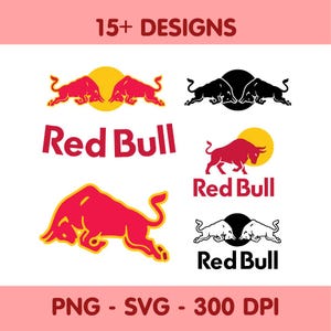 May include: A collection of Red Bull logo designs in red, black, and white. The logos feature bulls, suns, and the words "Red Bull". The image also includes the text "15+ DESIGNS" and "PNG - SVG - 300 DPI".
