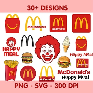 Może przedstawiać: Kolekcja wzorów w stylu McDonald's, w tym logo złotych łuków, pudełka Happy Meal, Ronald McDonald, hamburgery, frytki i rożki lodów. Tekst zawiera "30+ DESIGNS", "Happy Meal" i "PNG - SVG - 300 DPI".