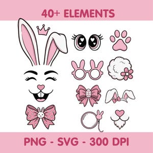 May include: A collection of pink and white Easter-themed digital elements. Includes bunny faces, ears, bows, glasses, paw prints, and the text "40+ ELEMENTS" and "PNG - SVG - 300 DPI".