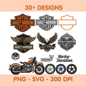May include: Collection of Harley-Davidson designs, including logos, a motorcycle illustration, and wheel designs. The image features the text "30+ DESIGNS" and file type information: "PNG - SVG - 300 DPI".