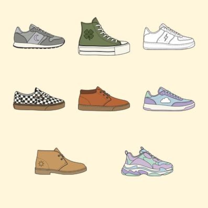 May include: An illustration of nine different sneakers in various styles and colors. The sneakers include high-tops, low-tops, and running shoes, with designs such as a four-leaf clover, a checkerboard pattern, and a cloud.