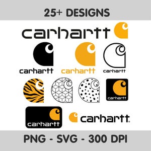 May include: A collection of Carhartt logo designs in various styles, including black, orange, and patterned variations. The image includes the text "25+ DESIGNS" and file type information.
