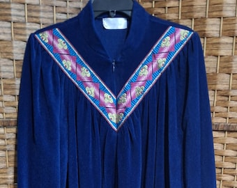 Vintage Vanity Fair Blue Velour Housecoat Robe Pattern Ribbon around neckline and cuffs size L