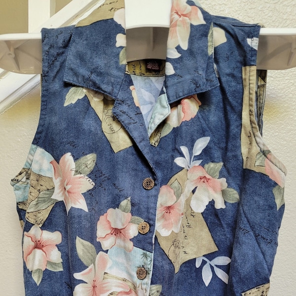 Vintage Caribbean Joe Floral Damen Hawaii-Top, Größe S, toller gebrauchter Zustand, Krawatten vorne, hergestellt in Hong Kong