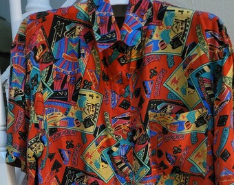 Vintage Casino Abstract Playing cards poker print Women's Silk top button down short sleeves side pocket