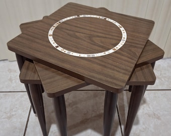 Vintage 60's Mid Century Modern 3 Stacking Mosaic Inlays Drink Tables