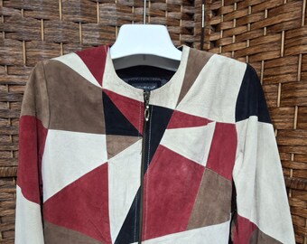 Vintage Karen Arnold Leather Suede Patchwork Jacket Geometric Multi-Color Block Design size S