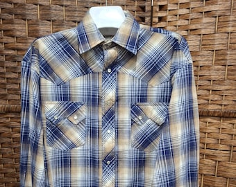 Camisa vaquera vintage Rustler by Wrangler para hombre, a cuadros, con botones a presión, costuras metálicas plateadas, talla L.