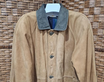 Vintage 90's Merit Awards Men's Genuine Leather Tan and green Suede Jacket plaid lining size M