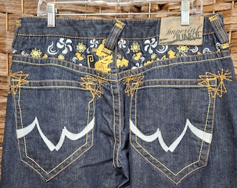 Vintage Imperial Junkie Y2K Baggy Skater Streetwear Embroidered Denim Pants size 34 100% Cotton