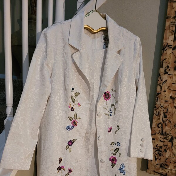 Vintage Maggie Sweet  2 PC SET  White Dress and  Embroidered Jacket  Beautiful Material Dress is size 1 X Jacket is Large