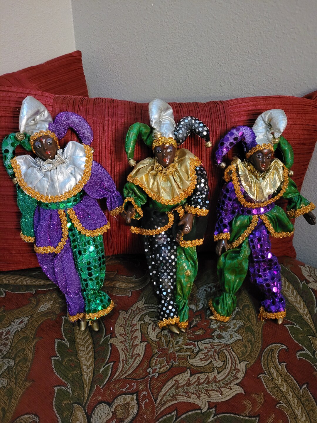 Vintage Collection 3 Jester Dolls Adorned on Mardi Gras Colors Etsy