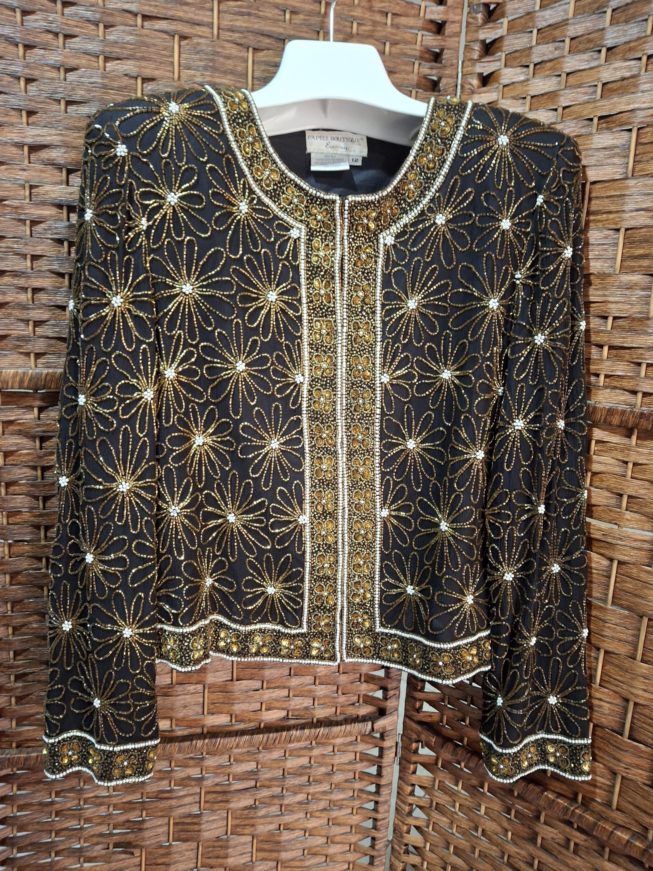 Ensemble Soirée Papell Boutique - Haut Soie Perlé Et Jupe - Bleu Marine Et Argent - Taille 8