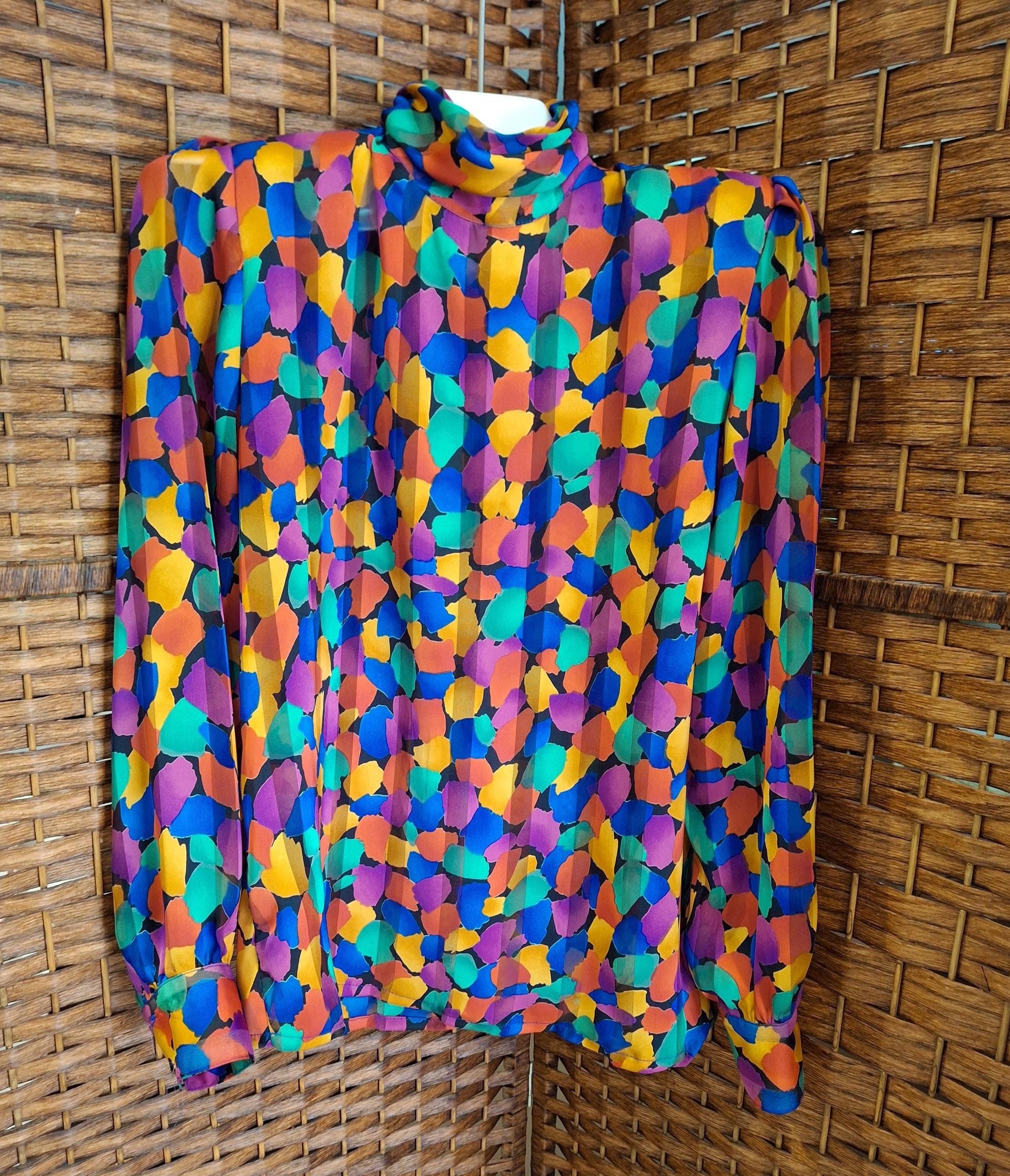 vintage 80's Nicola women's semi sheer Colorful long sleeves pleaded turtle neck Blouse with shoulder pads Great pre-owned condition Size 6