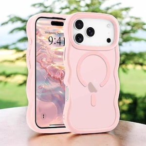 Könnte beinhalten: Hellrosa Handyhülle mit wellenförmigem Kantendesign. Das Telefon zeigt die Uhrzeit "9:41" auf dem Bildschirm an. Die Hülle hat ein kreisförmiges Design auf der Rückseite.