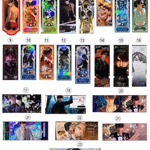 K&ouml;nnte beinhalten: Eine Sammlung dekorativer Lesezeichen und Karten im Ticketstil mit verschiedenen Illustrationen m&auml;nnlicher Figuren. Die Designs umfassen Portr&auml;ts, Paare und abstrakte Kunst, wobei einige Karten Texte wie "LOVE" und "YOUR GIFT" zeigen.