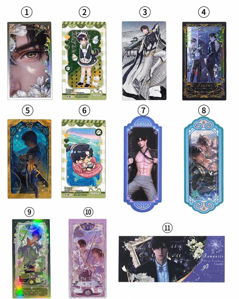 K&ouml;nnte beinhalten: Eine Sammlung von elf dekorativen Lesezeichen mit Illustrationen im Anime-Stil. Die Lesezeichen zeigen verschiedene m&auml;nnliche Charaktere in verschiedenen Posen und Umgebungen, mit leuchtenden Farben und detaillierten Kunstwerken. Einige enthalten Text.