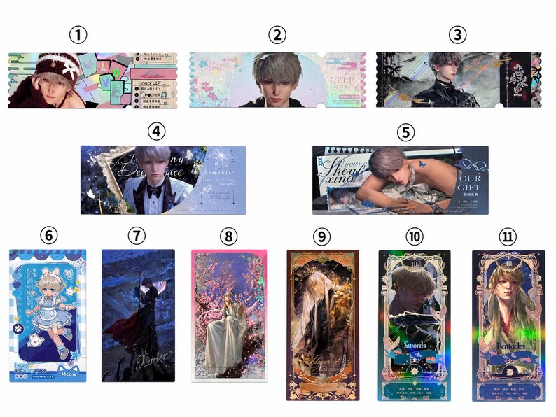 K&ouml;nnte beinhalten: Eine Sammlung von elf rechteckigen Karten mit verschiedenen Illustrationen. Die Karten zeigen Anime-Charaktere, florale Designs und Text. Einige Karten haben ein Ticket-Design, andere &auml;hneln Tarotkarten.