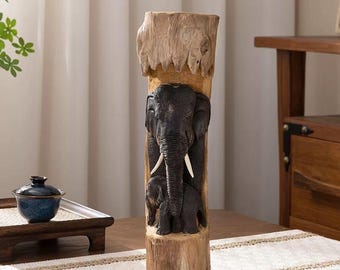 Handcrafted Wood Elephant Sculpture, Mother Baby Boho Zen Decor