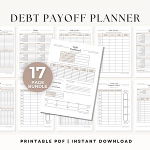 Debt payoff planner printable bundle featuring 17 pages including debt tracker, snowball and avalanche payoff worksheets, credit card and loan trackers in neutral beige design for budgeting and financial planning